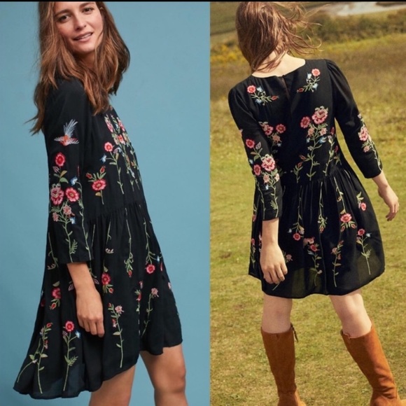 NWOT Anthropologie Black Floral Embroidered Dress - Picture 2 of 2